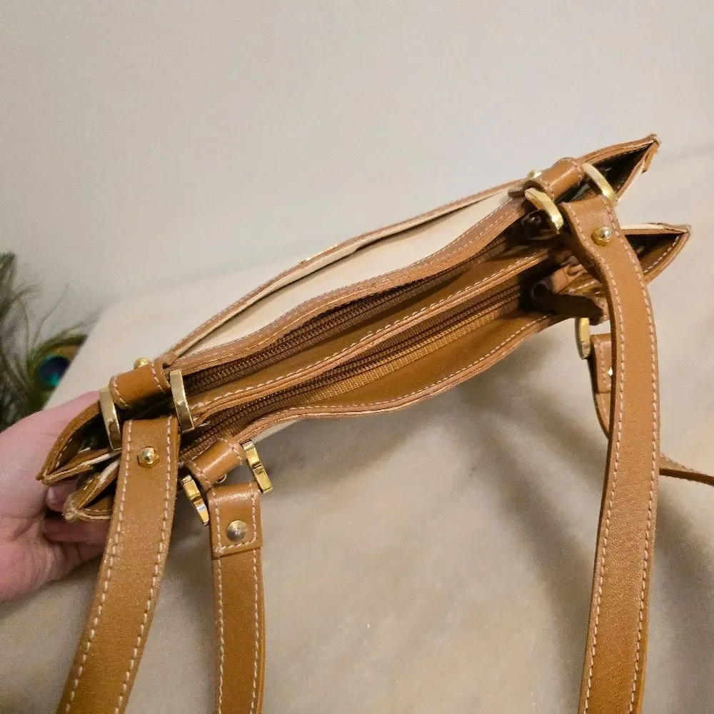 Phillippe Cream Canvas Tan Leather Shoulder Bag Vintage 80s